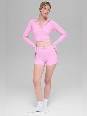 ALO Yoga Pink 3-Piece Active Set: Hoodie, Sports Bra, High-Waist Shorts